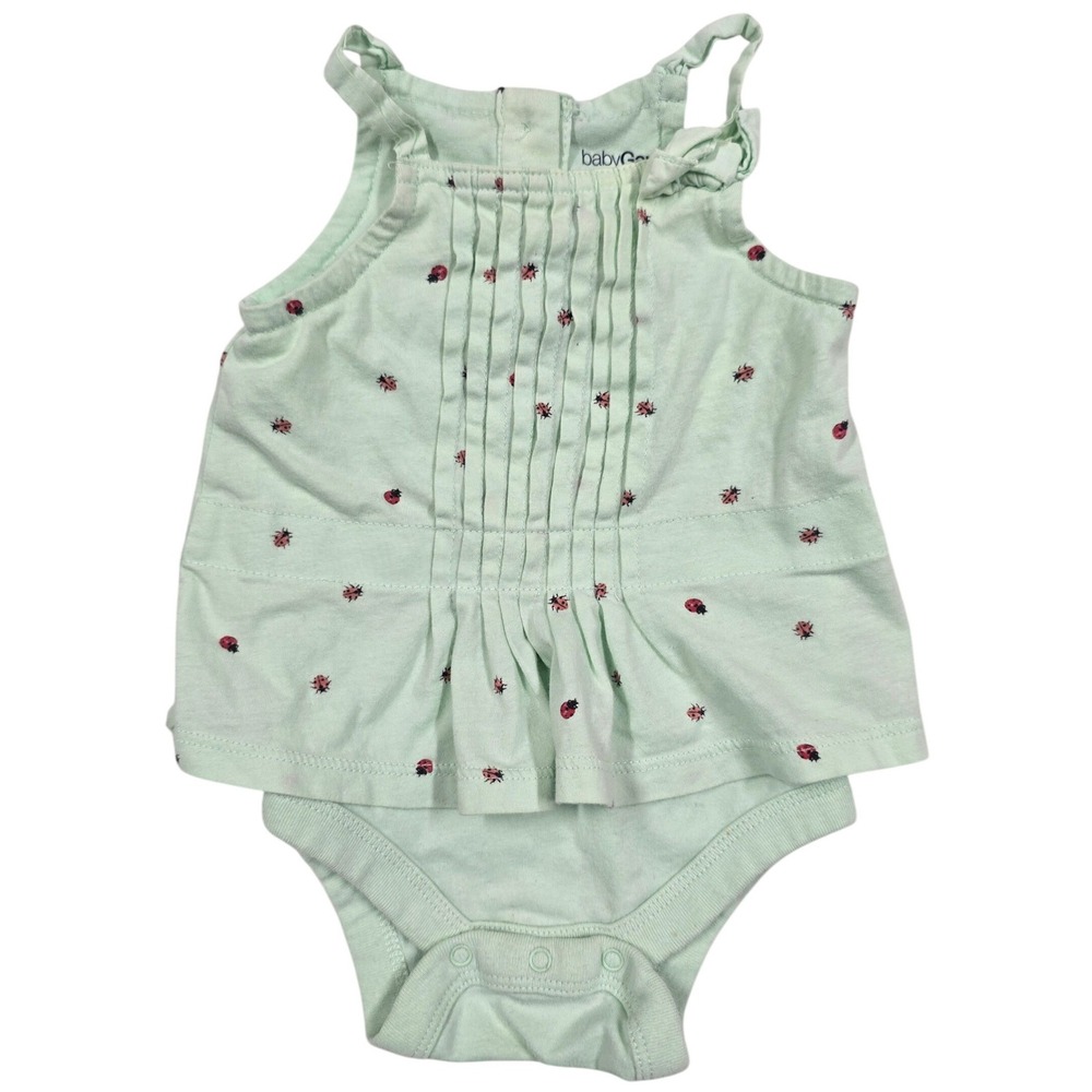 Baby Gap Mint Green Ladybug Print Pintuck Dress Bodysuit 3-6 Sleeveless VTG Y2K